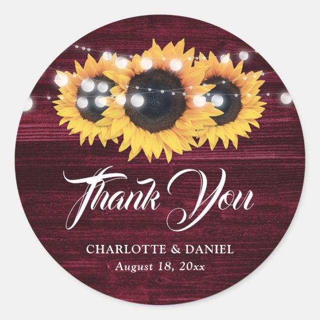 Adesivo Burgundy Rustic Wood Sunflower Wedding Thank You (Frente)