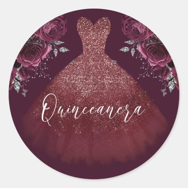 Adesivo Burgundy Sparkle Dress & Floral Quinceanera Party (Frente)