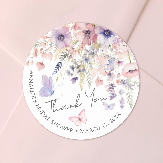 Adesivo Butterfly Chá de panela Wildflower Obrigado (Butterfly Wildflower Bridal Shower Thank You Classic Round Sticker)