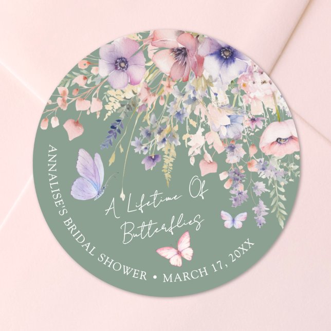 Adesivo Butterfly Wildflower Bridal Shower (Butterfly Wildflower Bridal Shower Classic Round Sticker )