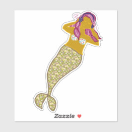 Adesivo Cabelo rosa, Dourada cauda Sereia Ouvindo Música