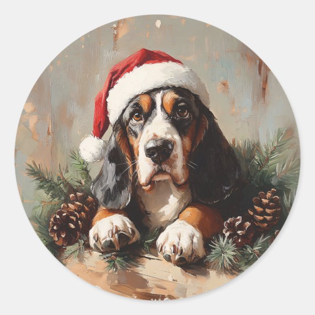Adesivo Caça-Basset numa Pintura a Óleo de Santa Hat (Frente)