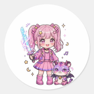 Adesivo Caçadora de Demônios Kawaii Rosa Fofa com Espada M