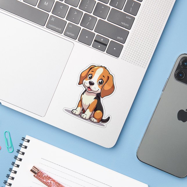 Adesivo Cachorrinho Beagle Kawaii – Pose Sentada (Notebook com iPhone)