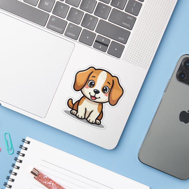 Adesivo Cachorrinho Beagle Kawaii – Pose Sonolento (Notebook com iPhone)