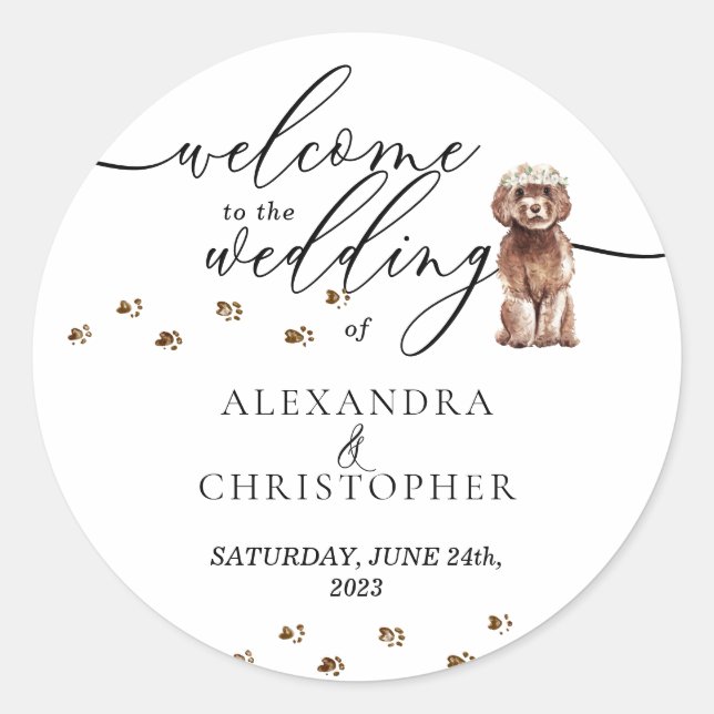 Adesivo Cachorrinho Cavapoo marrom Bem-vindo ao casamento (Frente)