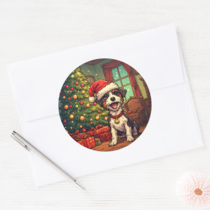Adesivo Cachorrinho Desgrenhado Chapéu de Papai Noel Árvor