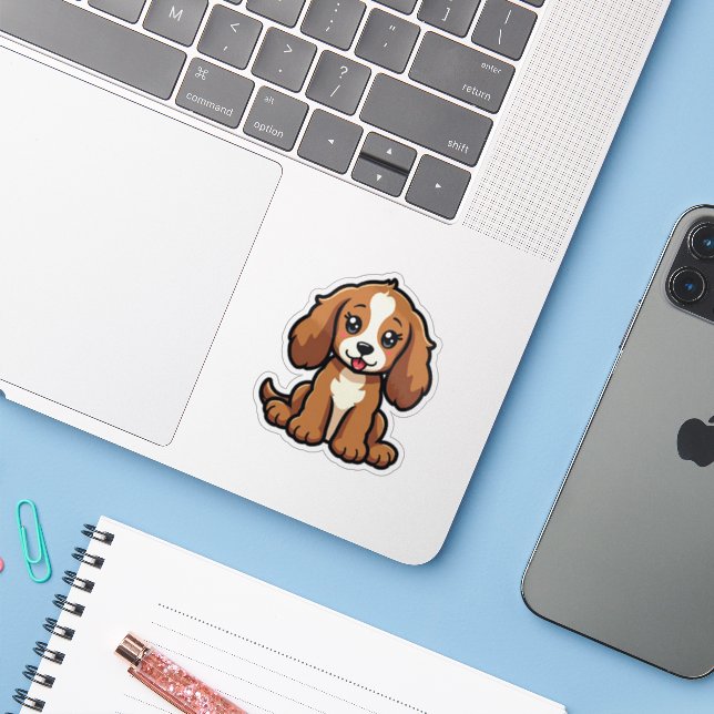 Adesivo Cachorrinho Kawaii Cocker Spaniel – Pose Sonolento (Notebook com iPhone)