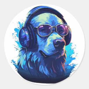 Adesivo Cachorro Adorável com Música com Fones de ouvido