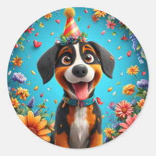 Adesivo Cachorro Adorável Comemora Festa de Aniversário
