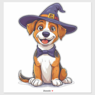 Adesivo Cachorro Adorável Vestindo Chapéu de Bruxo Roxo