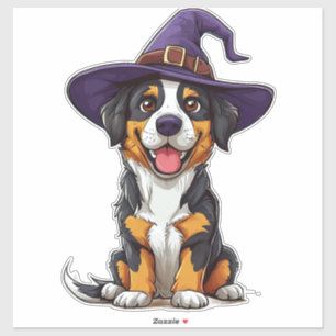 Adesivo Cachorro Adorável Vestindo Chapéu de Bruxo Roxo