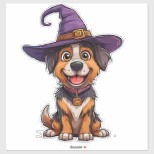 Adesivo Cachorro Adorável Vestindo Chapéu de Bruxo Roxo