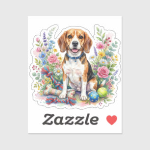 Adesivo Cachorro Beagle Adorável em Aquarela entre Flores