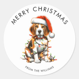 Adesivo Cachorro Beagle Envolvido em Luzes de Natal