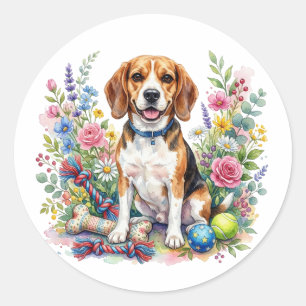 Adesivo Cachorro Beagle Fofo em Aquarela entre Flores