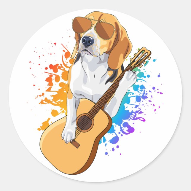 Adesivo Cachorro Beagle Vestindo Óculos Solares Tocando Vi (Frente)