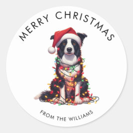 Adesivo Cachorro Border Collie Envolvido em Luzes de Natal