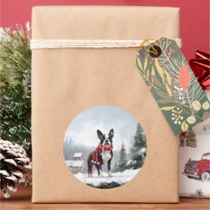 Adesivo Cachorro Boston Terrier na Neve Natal