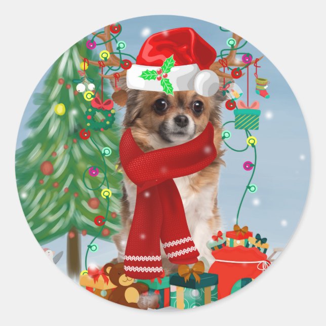 Adesivo Cachorro Chihuahua na neve com presentes de Natal (Frente)