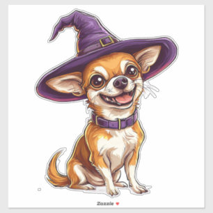 Adesivo Cachorro Chihuahua Usando Chapéu de Bruxo Roxo no