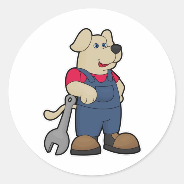 Adesivo Cachorro como Mecânico com Chave de Grifo (Frente)