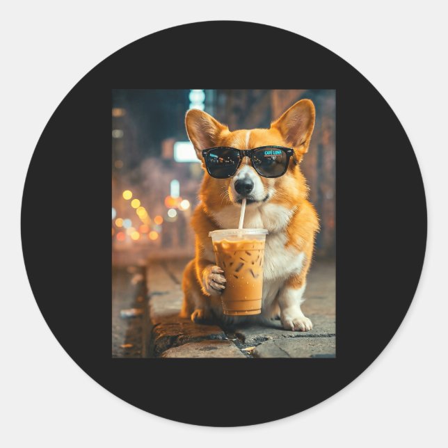 Adesivo Cachorro corgi bebendo café gelado meme engraçado  (Frente)
