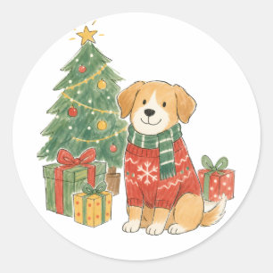 Adesivo Cachorro de Natal em Suéter com Árvore de Natal 