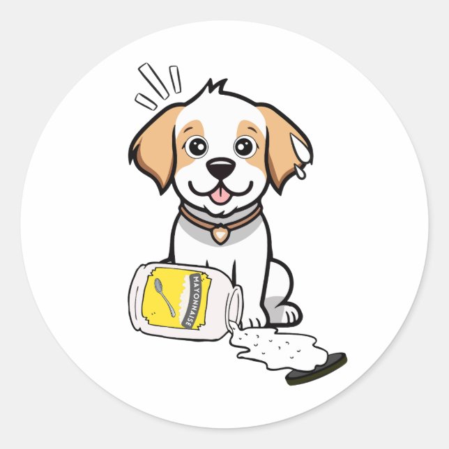 Adesivo Cachorro Feliz Engraçado derramou maionese (Frente)
