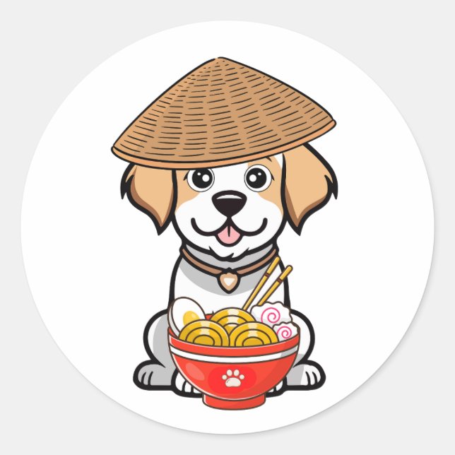 Adesivo Cachorro feliz engraçado está comendo macarrão (Frente)