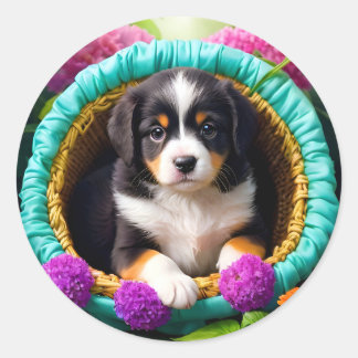 Adesivo Cachorro Fofo em Cesta de Flores
