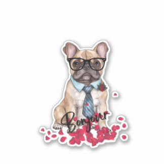 Adesivo Cachorro francês bonito com óculos e rosa