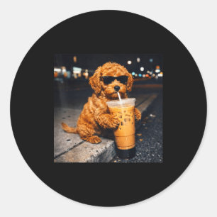 Adesivo Cachorro goldendoodle bebendo café gelado animal e