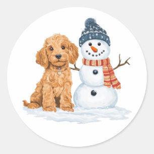 Adesivo Cachorro Goldendoodle de Inverno Boneco de Neve Fo