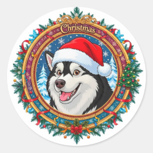 Adesivo Cachorro Husky Feliz Dentro de uma Grinalda Festiv