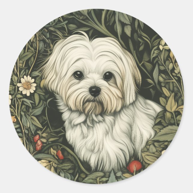 Adesivo Cachorro Maltês Bonito num Jardim do Estilo Willia (Frente)