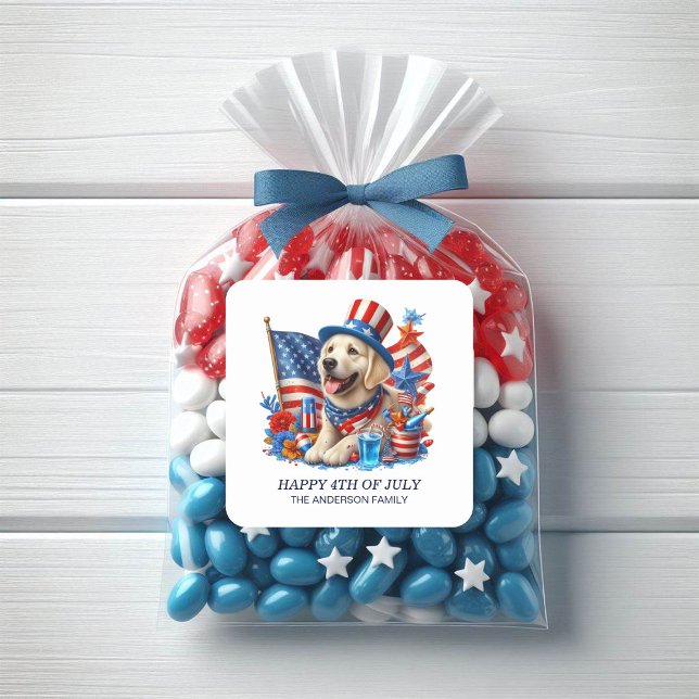 Adesivo Cachorro Patriótico Altura Vermelha-Branca Estrela (Sticker-Patriotic dog in a red, white, and blue top hat with the American flag)