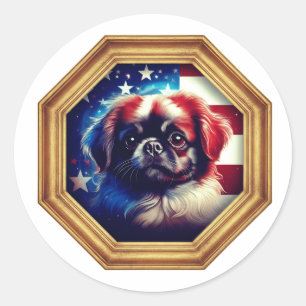 Adesivo Cachorro Pequinês Moldura Dourada Bandeira America