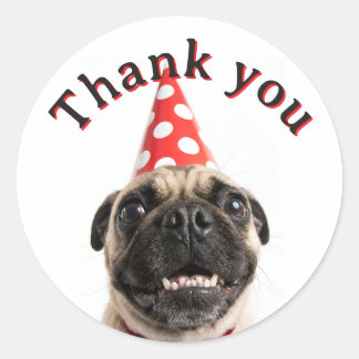 Adesivo Cachorro Pug Fofo de Aniversário com Chapéu Vermel
