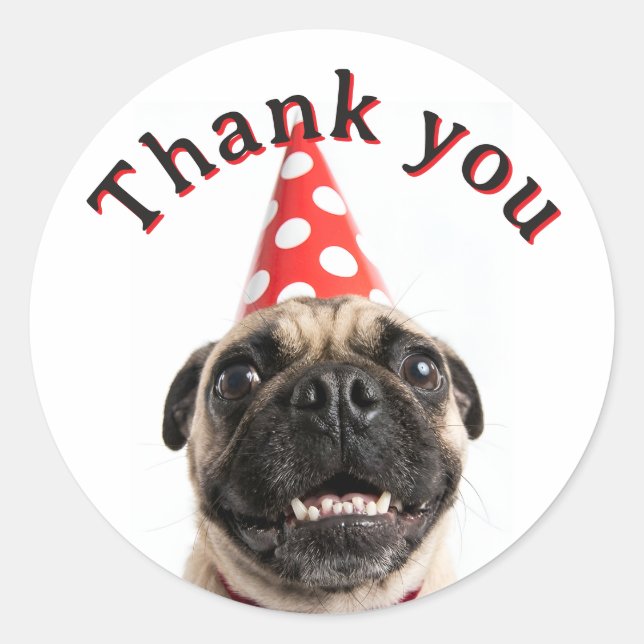 Adesivo Cachorro Pug Fofo de Aniversário com Chapéu Vermel (Frente)