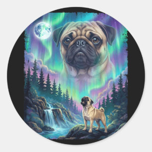 Adesivo Cachorro Pug uivando luzes do norte aurora lua flo