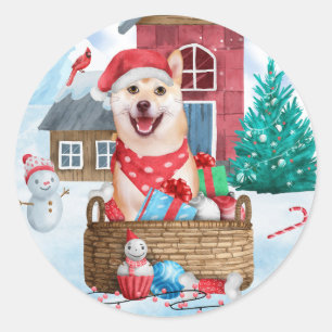 Adesivo Cachorro Shiba Inu na Casa de Natal na Neve