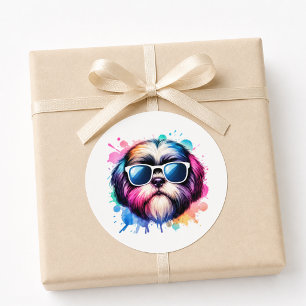 Adesivo Cachorro Shih Tzu Legal Aquarela Usando Óculos de