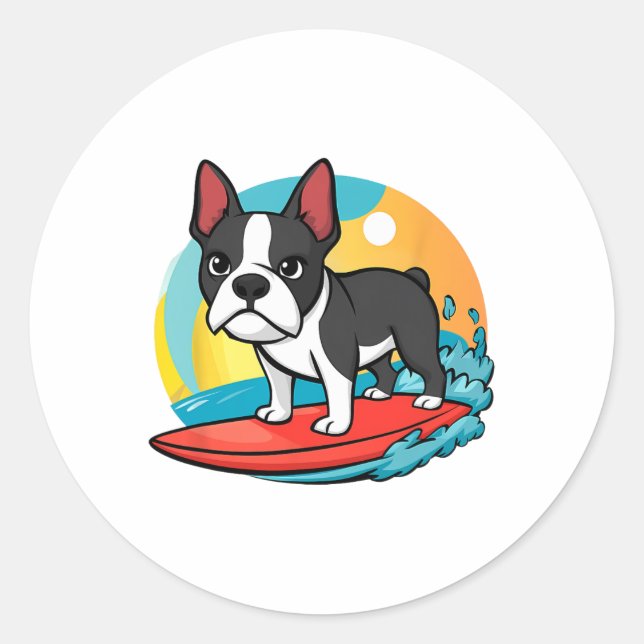 Adesivo Cachorro Terrier de Boston Aventureiro Surfando Su (Frente)