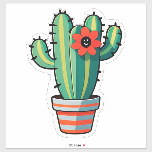 Adesivo Cacto de desenho animado fofo em vaso com flor (Folha)