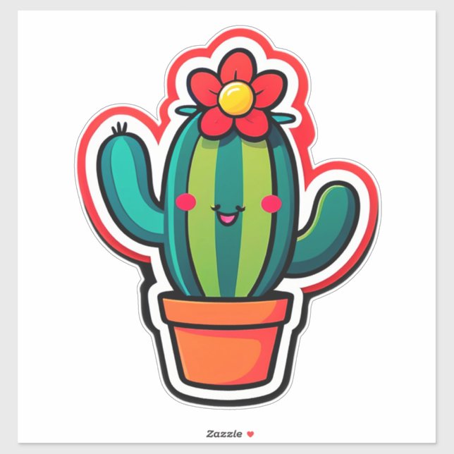 Adesivo Cacto de desenho animado fofo em vaso com flor (Folha)