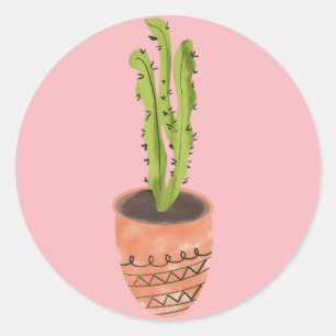 Adesivo Cacto Planta Terracota Desenhado à Mão Rosa