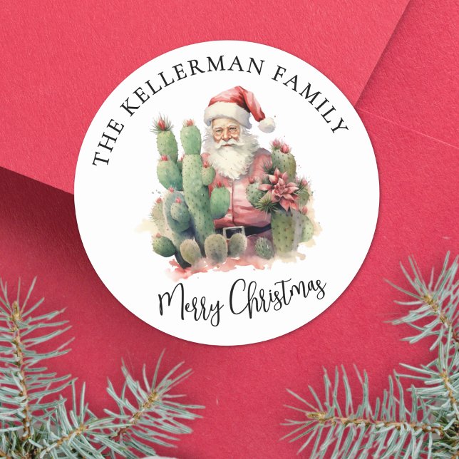 Adesivo Cacto Santa Natal (Cactus Santa Merry Christmas Classic Round Sticker)