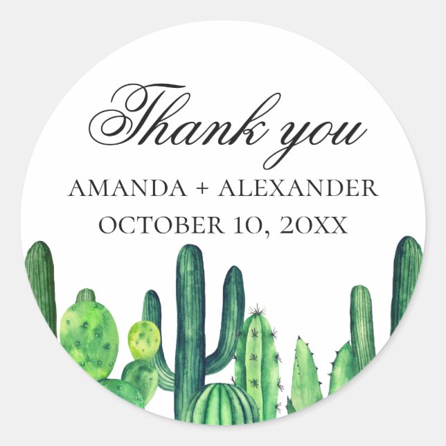 Adesivo Cacto verde de aquarela. Obrigado de casamento de  (Frente)