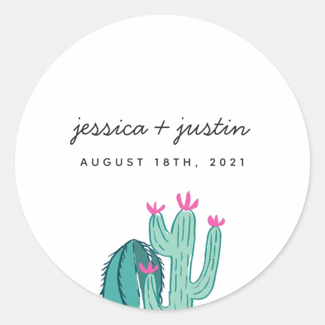 Adesivo Cactus Pink Floral Wedding Favor (Frente)